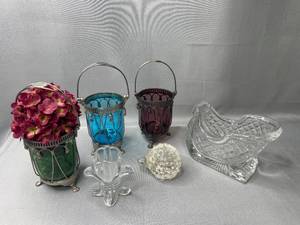 lot 62 image: Pair of Antique VTG Metal Votive Candle Holders w Blue & Maroon Glass Inserts (made in India), Glass Paperweight, Candle Holder & Sleigh