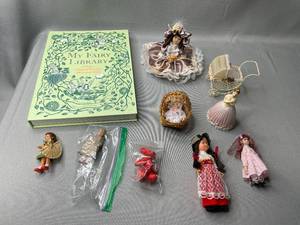 lot 114 image: Lot of 3 - 5 Dolls, My Fairy Library (makes miniature books), 4 Baby Carriage, 4 VTG Ballerina Bell, ETC