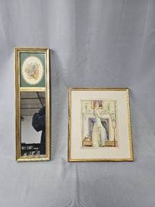 lot 121 image: Ethan Allen Vertical Mirror 21 x 7 w Bird Design & VTG Framed Print of Victorian Woman Reading by Mantle 12.5 x 15