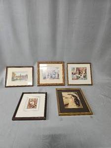 lot 131 image: Lot of Wooden Framed Victorian Art Pictures (various sizes) & Cat Napping Picture Tin of 25 on Cat