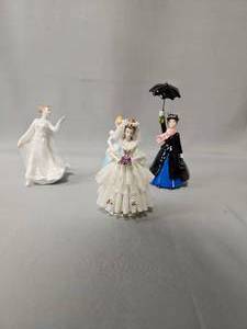 lot 132 image: Four 6 inch Porcelain Figurines  Two Disney  One Royal Dalton  One Dresden Porcelain with Chipped Wedding Dress