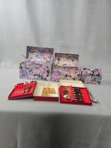 lot 176 image: VTG Bronze Spoons w Boxes, Two Floral Recipe Boxes