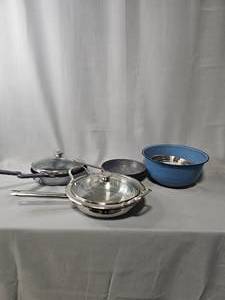 lot 179 image: Mixing Bowls, Two Nordic Ware Frying Pans, Wolfgang Puck Bistro Collection Pan w Lid