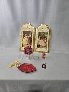 lot 181 image: Victorian Wood Wall Hangings, Candle Holders, Trinket Tray, Key Chain