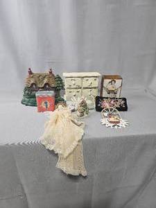 lot 218 image: Cottage Design Door Stop, Jewelry Box, Trinket Box, Eye Glass Cases, Fossil Tin, Porcelain Hanging Angel, David Winter Mini Cottage