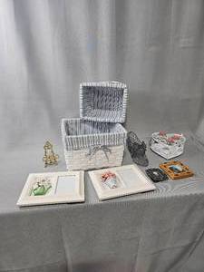 lot 219 image: White Decorative Baskets w Blue Linen Liners, 4x6 Picture Floral Frames, Picture Holder
