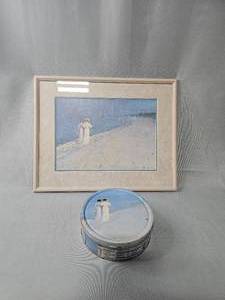 lot 281 image: Framed Picture 20 x 16 & Matching Tin - Victorian Sisters Walking on Beach Scene