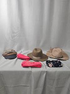 lot 290 image: Lot of 3 (1 Cowboy) Hats, 1 Christian Dior & 1 Estee Lauder Make Up Bags
