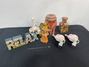 lot 207 image: Various Home Decor - 2 Light Pink Night Lights, Victorian Style Statue and Canisters, and More