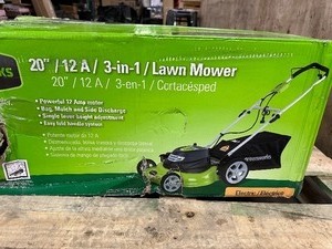 lot 18 image: Greenworks 12 Amp 20 Corded Lawn Mower, 25022 new open box, front weal bend. ASIN# B002ZVOLXE