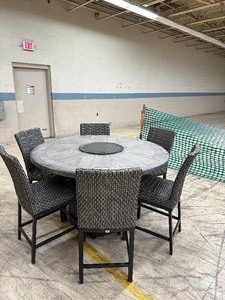 lot 1 image: Agio Anderson 7-piece Fire Outdoor Dining Set Item  2127653 customer return - Some damage to table top