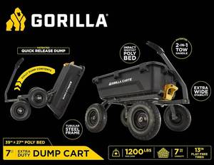 lot 5 image: Gorilla Carts 7GCG-NF Heavy-Duty Poly Dump Cart with No-Flat Tires, 7 cu ft, 1200 lb Capacity, Black - Unused - Like New