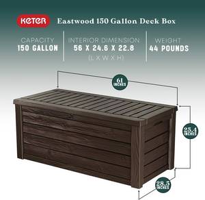 lot 14 image: Keter Westwood 150 Gallon Plastic Backyard Outdoor Storage Deck Box for Patio Decor, Furniture Cushions, Garden Tools, & Pool Accessories, Espresso - Open Box Untested