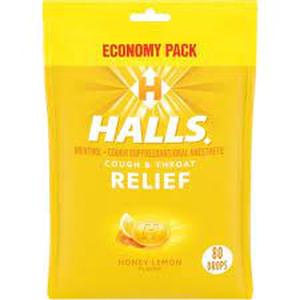 lot 510 image: 4 Bags of Halls Cough Drops - Honey Lemon - 80ct- 1 is Sugar Free