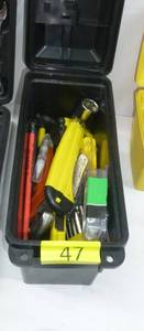 Box of misc tools- level, pipe wrench, tape measure, hex wrenches