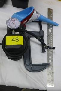 small air compressor, funnel, c clamp, ruler