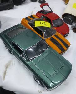 Three model cars, 67 Mustang, 69 camaro, Audi R8, 124 scale