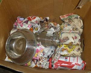 box of drinking glasses and stainless dog dish