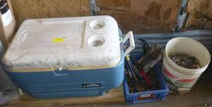 cooler, misc parts and pail of wheel weights and battery connectors