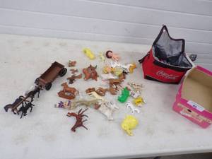 Vintage Farm Toys, Clay Poker Chips and Coke Bag