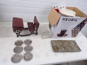 Cast Iron and Wood Vintage Toy Desk with Plate and Assorted Items