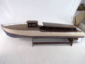 Custom Made Antique Wood Motorized Boat with Stand