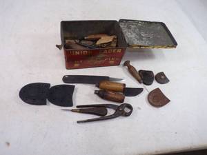 Antique Union Leader Tobacco Box with Shoe Cobbler and Tools