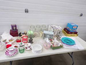 Glass Candy Containers, Vintage cups and saucers, 16 Piece Stoneware set still in Box, Vintage Games and more