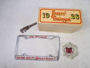 Harley Davidson Box, License Plate Holder, Cigarette tray and wrench