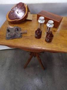 Oak Table with Clock, Wood Box, Hole puncher and Saltnpepper Shakers