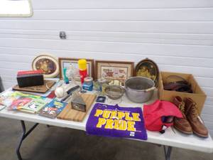 Vintage Kids books, Knife Block with knives still in package, cutting board, lamp, Purple Pride Towels,Kids Leather Boots and more