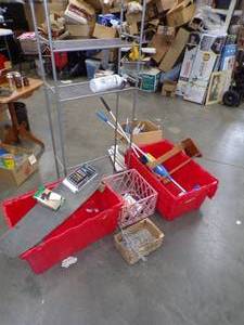 Skateboard, Metal Shelf, Pair of Mops, Totes and more