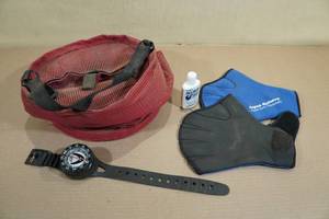 lot 198 image: Aqua Sphere Diving Gloves with Compass and Mask Cleaner