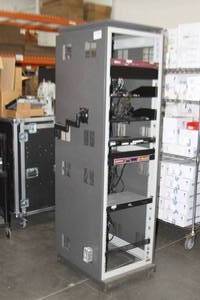lot 10 image: Large Heavy Duty Audio Video Equipment Rack with Miscellaneous Pro Equipment Power Outlets & Casters