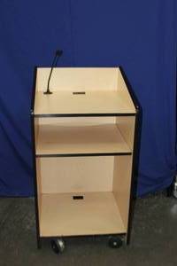 lot 45 image: Mobile  Rolling Deluxe Presentation Podium  Lecturn  Lectern with Shure Gooseneck Microphone