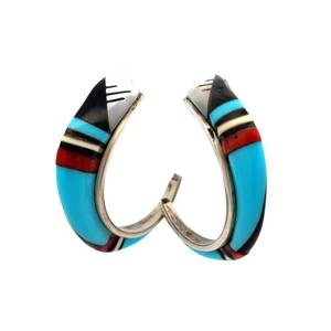 Southwest Collection Navajo or Zuni Designer Signed Coral, Turquoise, Coral, Onyx, White Half-Hoop Cuff Earrings