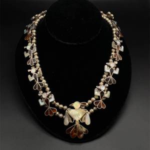 Southwest Collection Mother of Pearl & Banded Brown Stone Inlay Dancing Figure Zuni Necklace