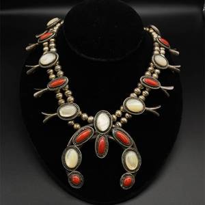 Southwest Collection Coral & Abalone Shell Navajo Squash Blossom Necklace