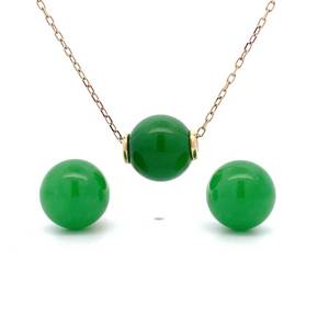 Green Jade Round Buffed Bead Stud Earrings & Matching Pendant Necklace 2-Piece Jewelry Set w 14k Yellow Gold - Retail Value $1,700