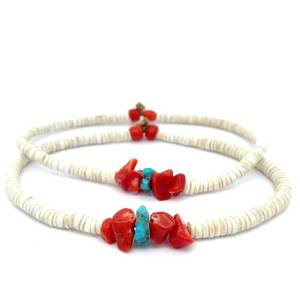 Southwest Collection Navajo Turquoise, Coral Chipped & White Stone Heishi Beaded Bracelets - Matching Set of 2