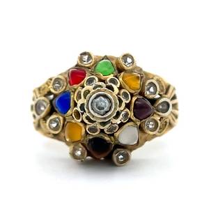 VERY OLD Natural Diamond, Ruby, Emerald & Sapphire Highly Ornate Detail Middle Eastern Dome Ring in 14k Yellow Gold