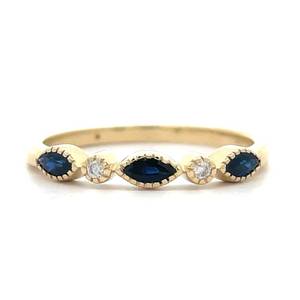 Blue Sapphire & Round Natural Diamond Textured Bezel Stacking Ring in 14k Yellow Gold $1,499 Retail