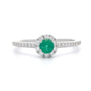 Round Emerald & Diamond Halo Pave Petite Slim Ring in 14k White Gold - Retail Value $2,900