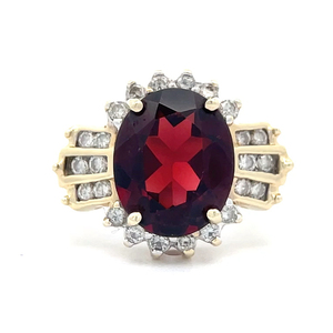 Vibrant Oval Garnet & Natural Diamond Flower Sunray Cluster XL Ring in Yellow Gold - Retail Value $2,240