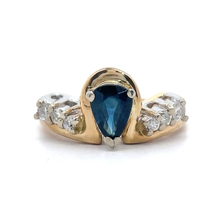 Pear Blue Gemstone & Natural Diamond Asymmetrical Crown Ring in 14k Two-Tone Gold - Retail Value $1,450.00