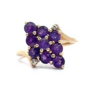 Amethyst & Diamond Cluster of Grapes Bypass Ring in 14k Yellow Gold - Retail Value $1,100