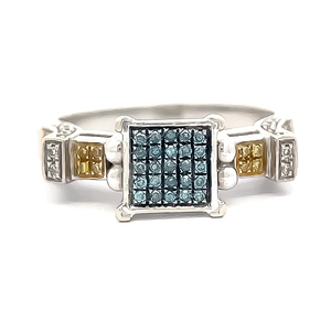 Fancy Blue, Yellow & White Natural Diamond Princess Square Geometric Top Ring in White Gold Retail $1,450