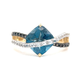 London Blue Topaz Solitaire, Smoky Quartz & White Topaz Split Shank Ring in 14k Yellow Gold - Retail Value $1,160