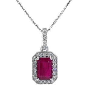 Emerald Cut Ruby & Natural Diamond Halo Drop Pendant & Chain Necklace in 14k White Gold - Retail Value $1,850