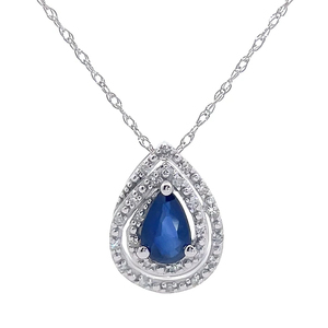 Blue Sapphire & Natural Diamond Concentric Halo Pear Floating Pendant & Chain Necklace in 14k White Gold $1,475 Retail